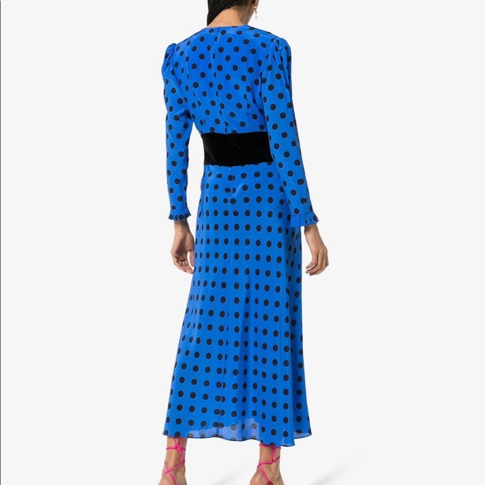 RIXO LONDON Eloise Velvet Polka Dot MIDI Blue Dress Small Bow Party Rare Bias - Picture 2 of 9
